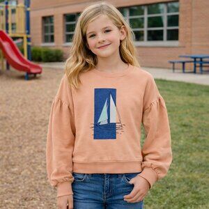 Nordstrom Sailboat Sweatshirt Girls L 10/12 Nautical Coastal Preppy Puff Sleeve
